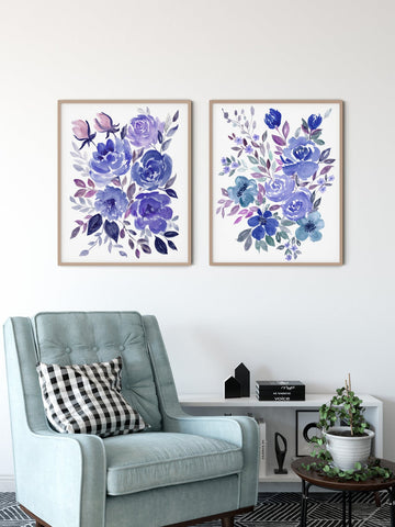 Watercolour Blue Floral Wall Art, Set of 2 Blue Floral Prints Wall Art